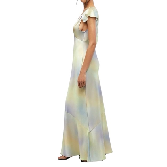 WeWoreWhat Green and Yellow Watercolor Lace Midi Slip Dress Flutter Sleeve Gown - Picture 3 of 10